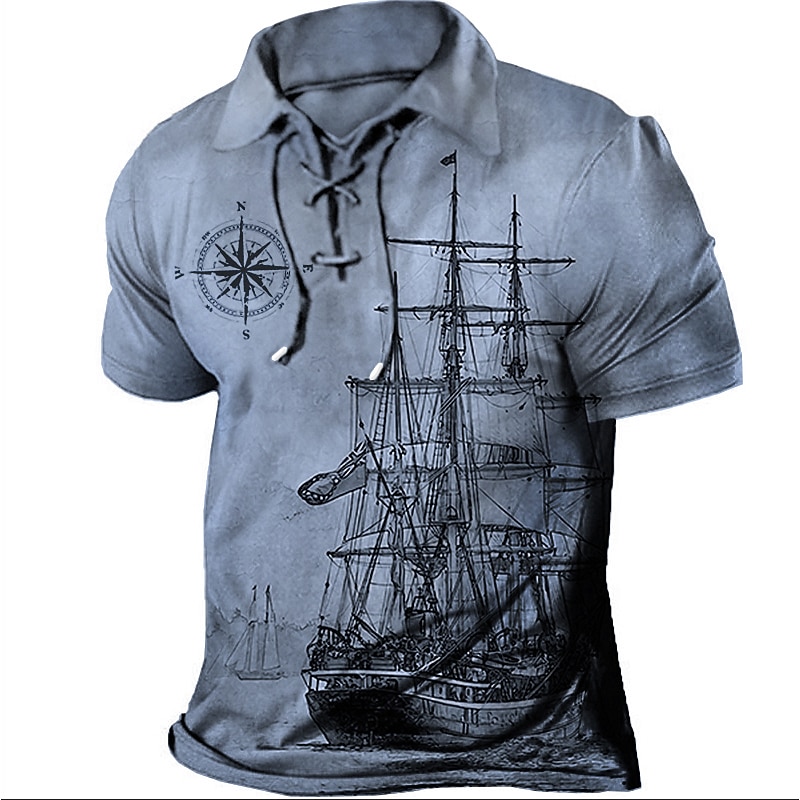 Men's Graphic Prints Vintage Sailboat Polo Shirt Golf Shirt Short Sleeve Shirt Turndown Outdoor Street Blue Green Khaki Gray Drawstring Print Clothing Apparel Sports Fashion Streetwear Designer2