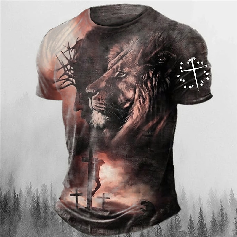 Men's Graphic Animal Lion Faith T Shirt Short Sleeve T shirt 3D Print Crew Neck Shirt Vintage Fashion Designer Outdoor Daily Sports Red Blue Brown Spring & Summer Clothing Apparel S M L XL 2XL 3XL4