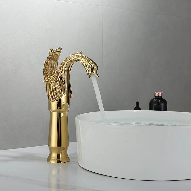 Vintage Bathroom Sink Mixer Faucet Brass Swan Shap, Monobloc Washroom Basin Taps Single Handle One Hole Deck Mounted, Mono Water Vessel Tap Hot and Cold Hose Antique Retro4