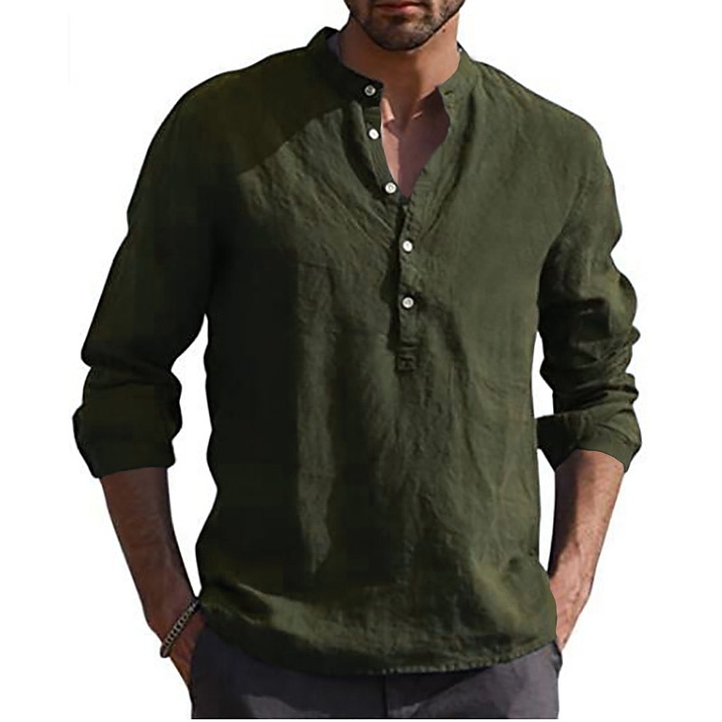 Men's Linen Shirt Band Collar Shirt Summer Shirt Beach Wear Solid Color Daily Hawaiian Black White Wine Navy Blue Long Sleeve Henley Spring & Fall Clothing Apparel Collared Shirts 11