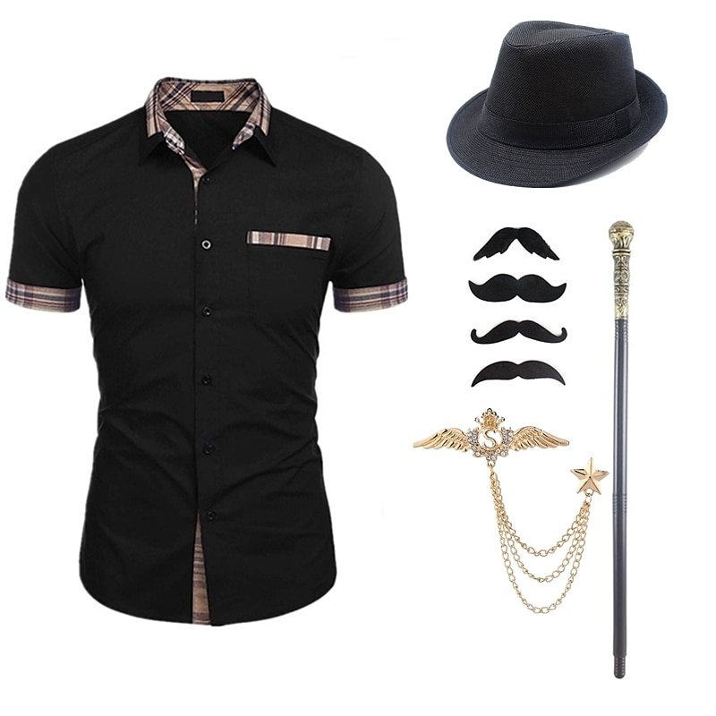 Mens 1920s Gangster Shirt with Accessories Set the Great Gatsby Retro Vintage Cosplay Costume Hat Beard Brooch Cane