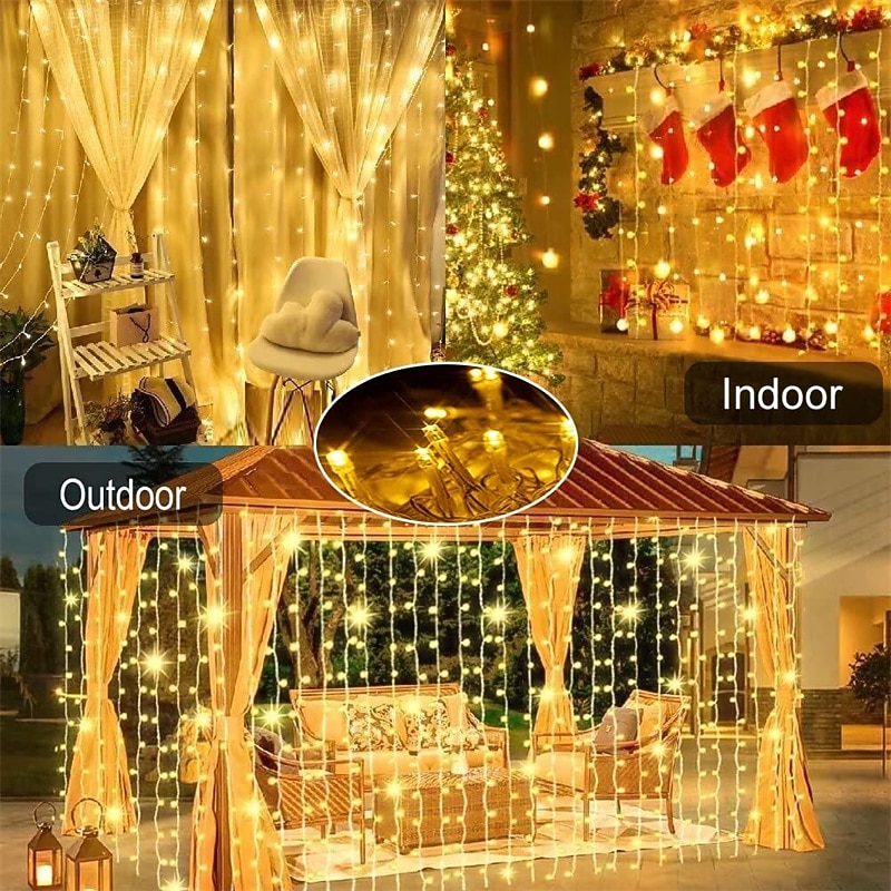 300LEDs Solar Curtain Lights Outdoor Indoor Solar String Lights Outdoor Waterproof Fairy Window Lights Twinkle Lights 8 Modes Christmas Decoration for Home Garden Patio Wedding Party4