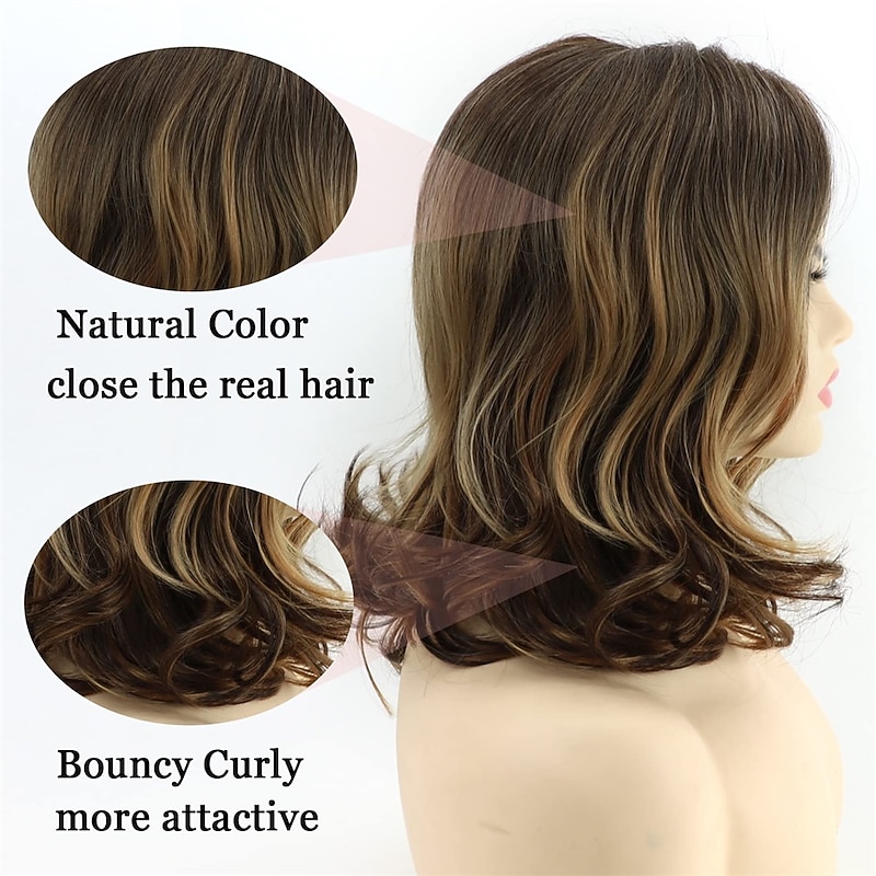 Brown Highlight Short Wavy Wigs for White Women Brown Mixed Blonde Curly Wig Synthetic Hair Replacement Wig for Daily Party Use2