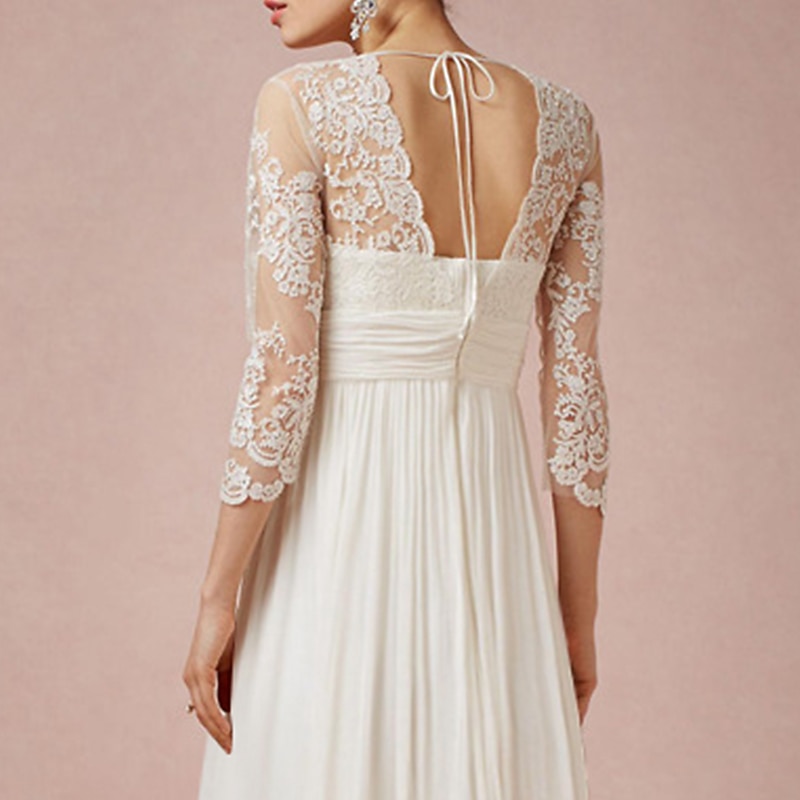 Beach Wedding Bridal Shower Little White Dress Bridal Shower Dresses Wedding Dresses A-Line V Neck 3/4 Length Sleeve Tea Length Chiffon Bridal Gowns With Appliques Solid Color4