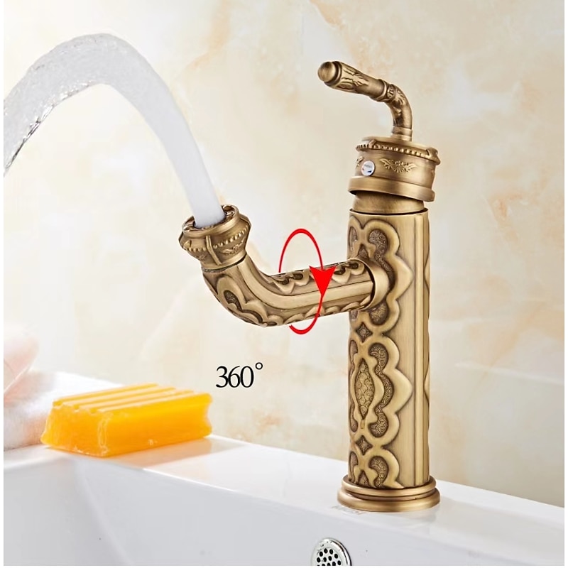 Vintage Bathroom Sink Mixer Faucet, 360 Swivel Spout Retro Monobloc Washroom Basin Taps, Antique Water Tap Single Handle One Hole Deck Mounted with Hot and Cold Hose2