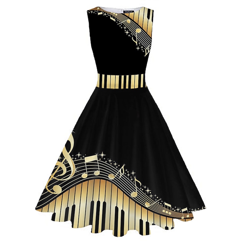 Women's Retro 1950s Vintage Tea Dresses Midi Dress Daily Date Ruched Print Note Crew Neck Sleeveless Slim Summer Spring 2023 Black White S M L XL3