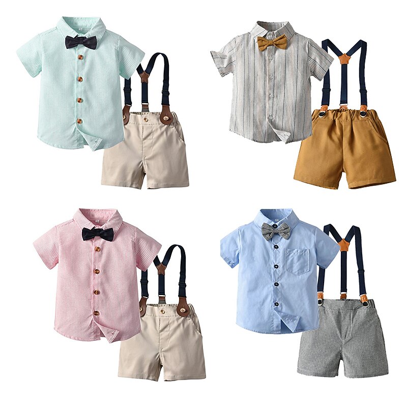 2 Pieces Kids Boys Shirt & Shorts Outfit Solid Color Stripe Short Sleeve Set Casual Fashion Daily Summer Spring 7-13 Years Multicolor White Light Green