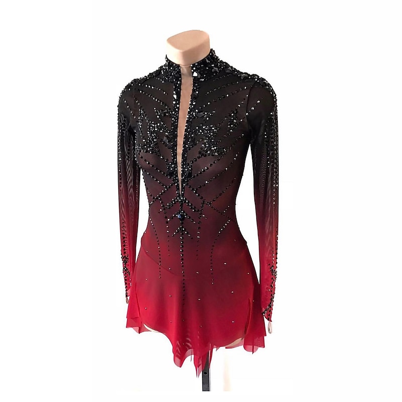 Figure Skating Dress Girls' Ice Skating Dress Black Red Halo Dyeing High Elasticity Professional Competition Skating Wear Thermal Warm Crystal / Rhinestone Long Sleeve Ice Skating Figure Skating2