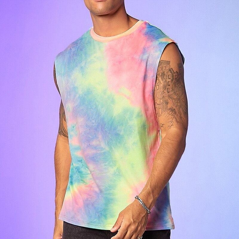 Men's Tank Top Vest Top Undershirt Sleeveless Shirt Sleeveless Crewneck Summer Tie Dyed Fashion Daily Sport Print Vacation Sports & Outdoor Going out Yellow Pink Blue Top Tee for Men2