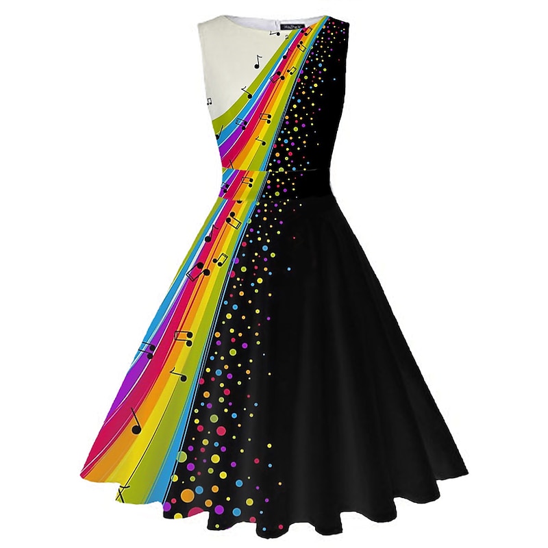 Women's Retro 1950s Vintage Tea Dresses Midi Dress Daily Date Ruched Print Note Crew Neck Sleeveless Slim Summer Spring 2023 Black White S M L XL4