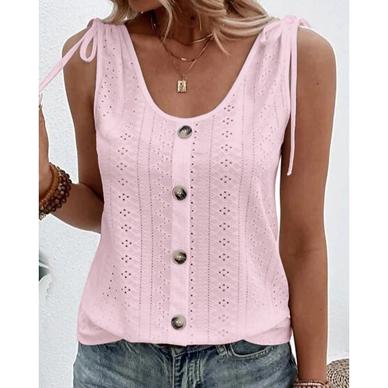 Women's Camisole Tank Top Eyelet top Dressy Tops Plain Basic Sleeveless Sleeveless U Neck Regular Tops Daily Weekend Buttons Light Blue claret Black White Pink2