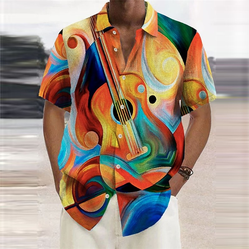 Men's Boardmasters Music Guitar Shirt Button Up Shirt Short Sleeve Fashion Designer Casual Outdoor Casual Summer Spring Turndown Print Yellow Khaki - Main Image