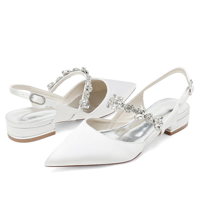 Women's Wedding Shoes Bridal Shoes Crystal Flat Heel Pointed Toe Luxurious Satin Ankle Strap Wine Black White 15