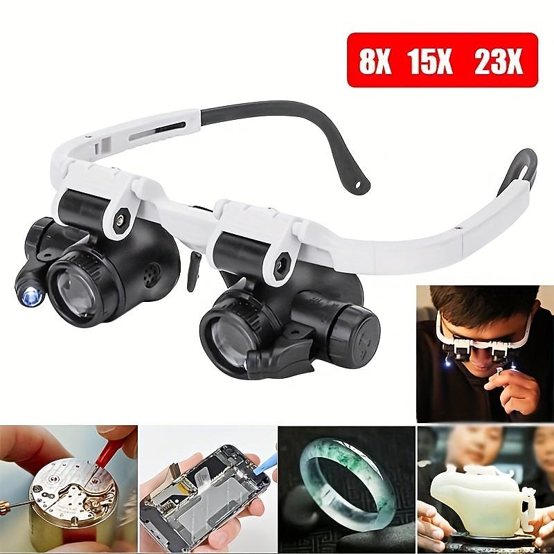 1pc 8X 15X 23X Double LED Light Magnifying Glasses, Watch Repair Magnifier, Miniature Magnifying Glass, Eye Magnifying Repair Tool For Watchmaking Coin Stamp Currency Book Errors Jewelry Necklace Magnifier Beading Biology Loupe Microscope