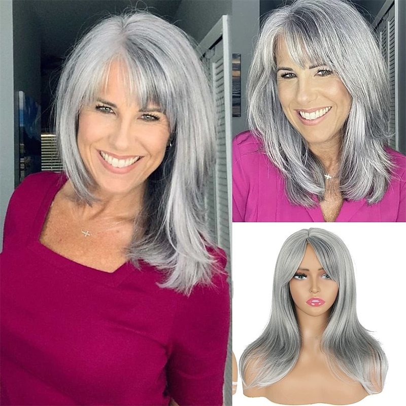 Grey Layered Synthetic Wigs for White Women Wig With Bangs Side Part Layered Mixed Silver Grey Wavy Natural Hair Wig for Women Daily Party Gray Wig3