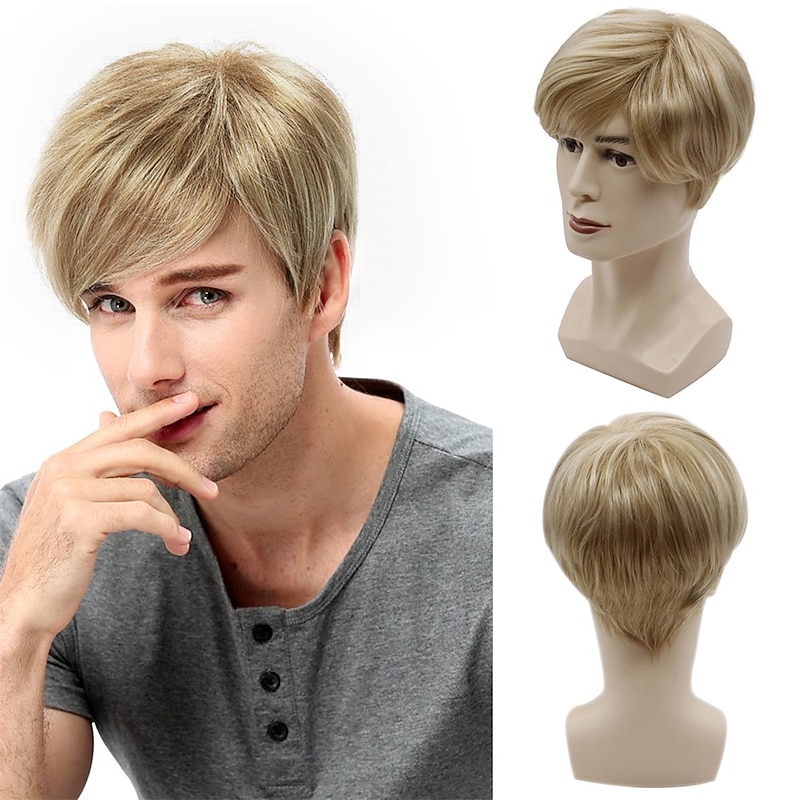 Short Mens Blonde Wig Straight Synthetic Wig for Male Hair Fleeciness Natural Toupee Wigs