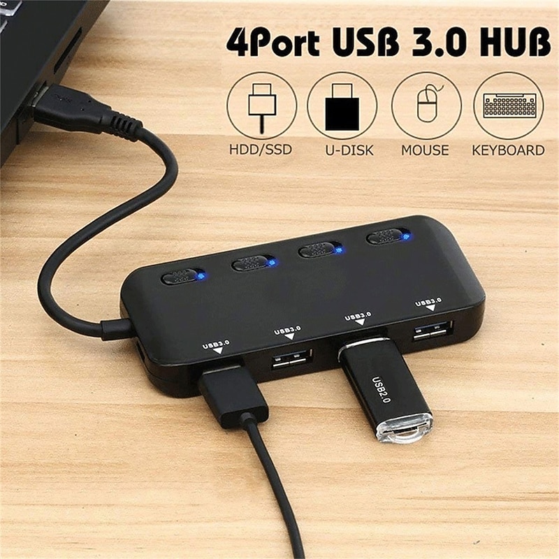 4-Port USB 3.0 Hub with Individual LED Power Switches Portable Data Hub Compatible Transfer Splitter2