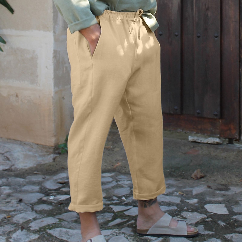 Men's Linen Pants Trousers Summer Pants Drawstring Elastic Waist Plain Comfort Breathable Casual Daily Holiday Fashion Classic Style Black White4