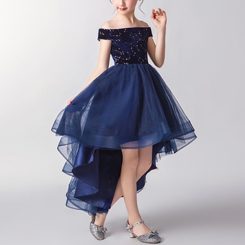 Kids Girls' Party Dress Solid Color Sleeveless Performance Wedding Mesh Princess Sweet Mesh Mid-Calf Sheath Dress Tulle Dress Flower Girl's Dress Summer Spring Fall 2-12 Years Blue4