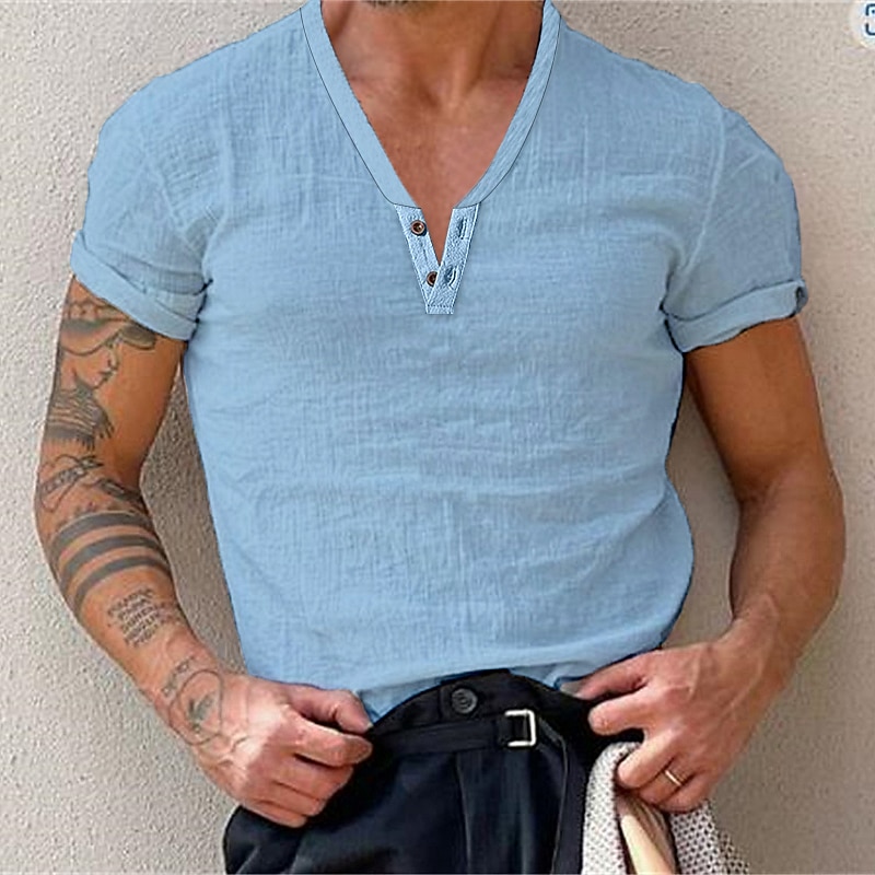 Men's T Shirt Henley Shirt Short Sleeve Plain Fashion Casual Comfortable Button-Down Henley Street Holiday Beach Spring & Summer Black White Blue Henley T-Shirt2