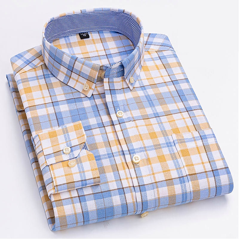 Men's Dress Shirt Button Down Shirt Non Iron Shirt Oxford Shirt Stripes and Plaid Wedding Vacation Light Yellow Denim Blue White Yellow Long Sleeve Turndown All Seasons Clothing Apparel Button-Down