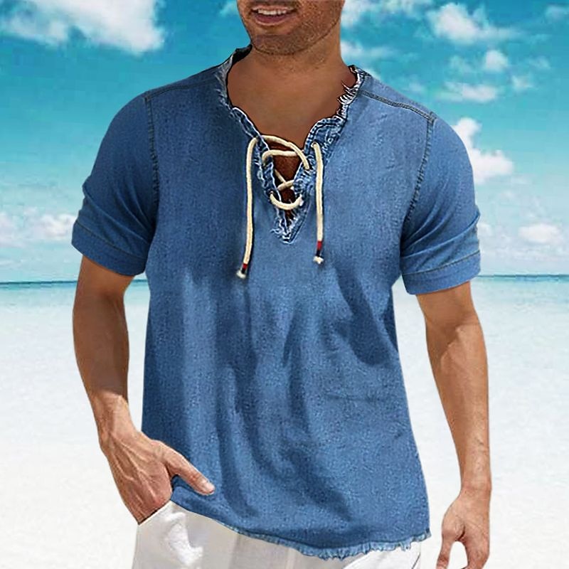 Men's Shirt Chambray Shirt Calico Shirt Summer Shirt Beach Wear Casual Shirt Navy Blue Blue Light Blue Short Sleeve Plain Denim V Neck Daily Vacation Drawstring Clothing Apparel Cotton Blend Fashion2