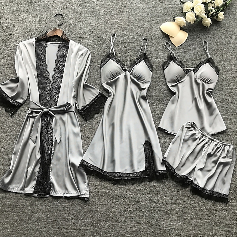 Women's Pajamas Sets 4 Pieces Pure Color Simple Casual Soft Home Daily Bed Breathable V Wire Long Sleeve Robe Top Shorts Elastic Waist Summer Spring Home Outfits2