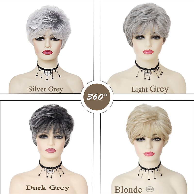 Short Wig Ombre Silver Grey Wigs for Women Synthetic Hair with Bangs Natural Hairstyle for Old Lady Mommy Wig Cap Free3