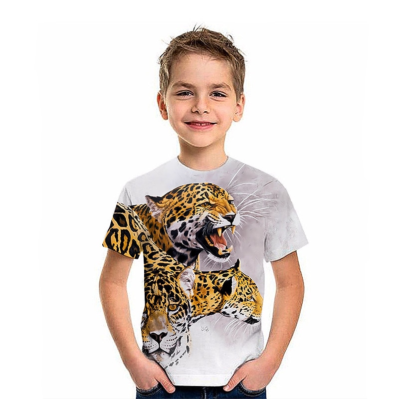Kids Boys T shirt Tee Graphic Animal Leopard Short Sleeve Crewneck Children Top Outdoor 3D Print Sports Fashion Cool Summer White 2-13 Years3