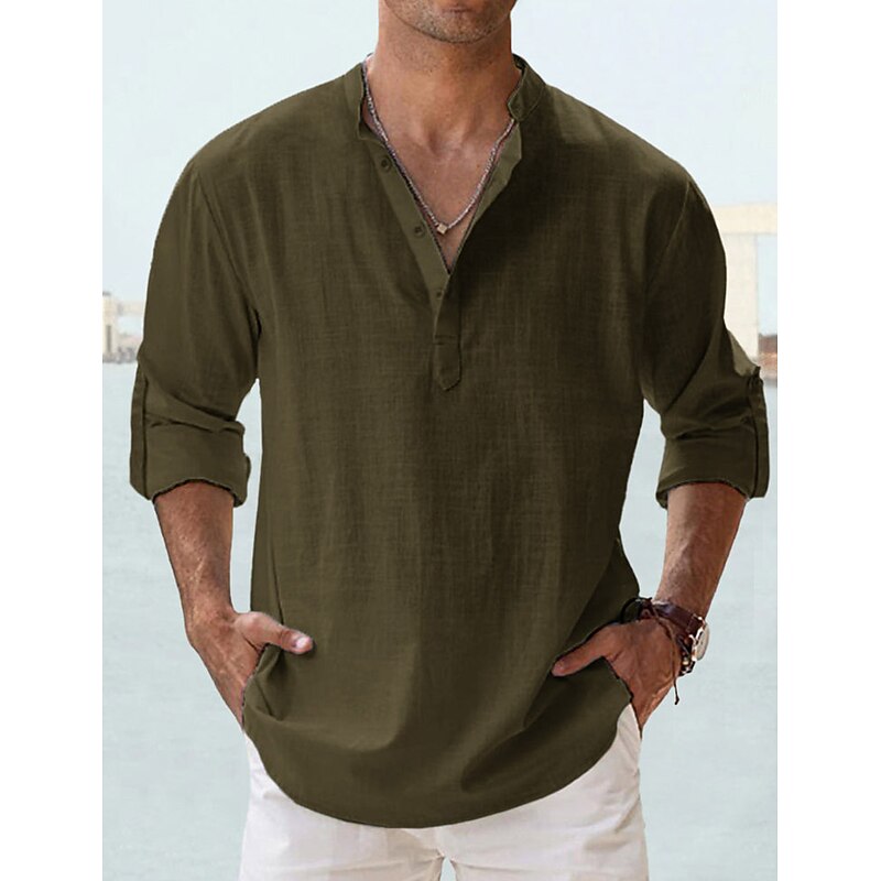 Men's Shirt Linen Shirt Summer Shirt Beach Shirt Plain Hawaiian Holiday White Pink Blue Green Long Sleeve Stand Collar Spring & Summer Clothing Apparel Basic