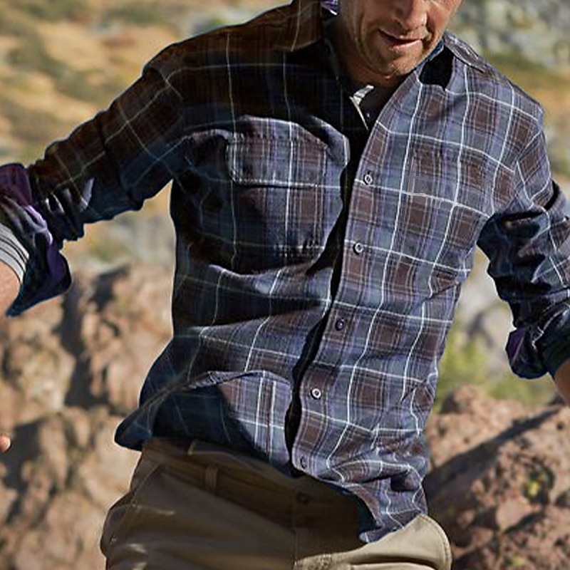 Men's Shirt Casual Shirt Button Up Shirt Checked Shirts Navy Blue Blue Brown Green Dark Gray Long Sleeve Graphic Plaid Turndown Vacation Street Print Clothing Apparel Stylish Modern Contemporary3