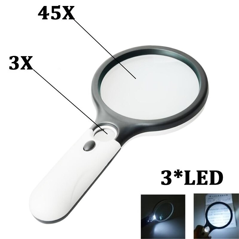 3X 45X Lenses Magnifier 3 LED Light Handheld Reading Magnifying Glass Lens Jewelry Watch Loupe Reading Lens Magnification Aid,Reading Magnifier For The Elderly2