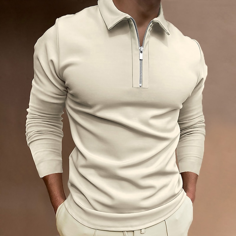 Men's Zip Polo Polo Shirt Outdoor Street Collar Quarter Zip Long Sleeve Fashion Sportswear Solid Color Zipper Quarter Zip Fall Winter Regular Fit Black Blue Khaki Zip Polo