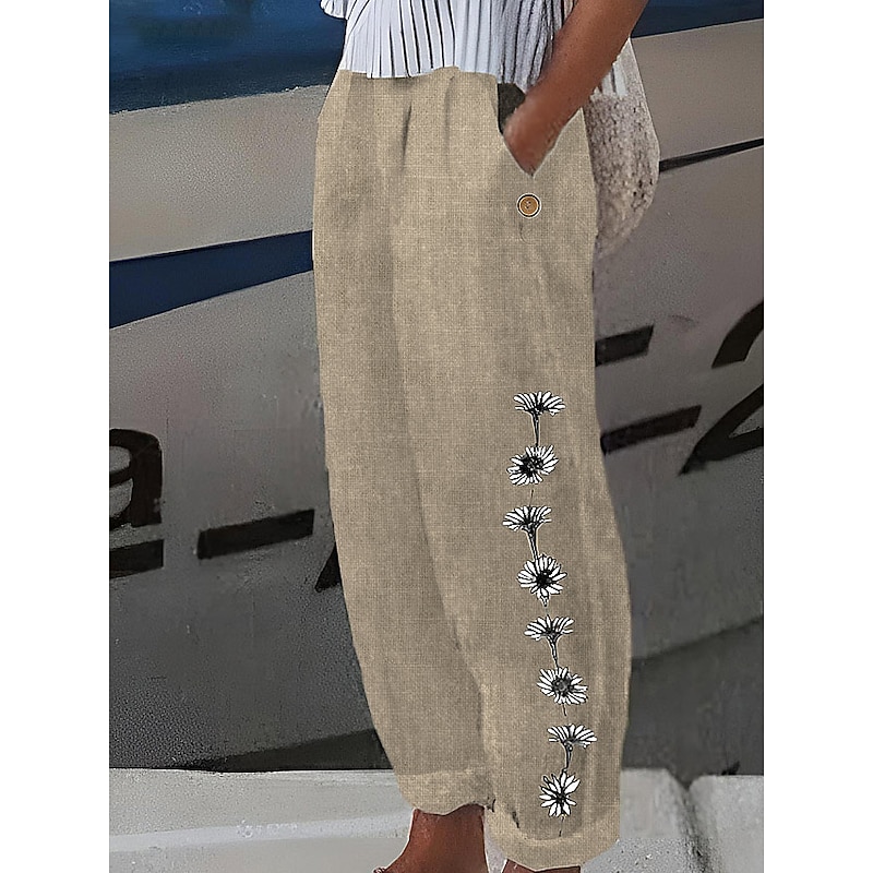 Women's Cotton And Linen Loungewear Pants Nighty Trousers Flower Print Elastic Waist Comfort Home Street Summer Spring Black White Home Outfits