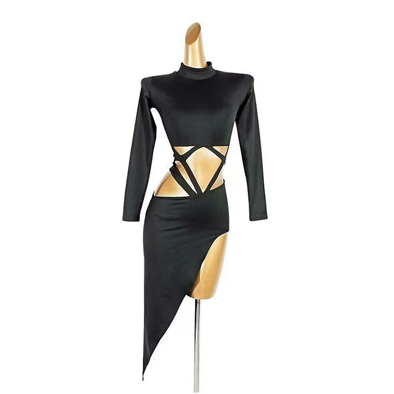 Dance Salsa Latin Dance Dress Hollow-out Pure Color Splicing Women's Performance Party Long Sleeve Polyester