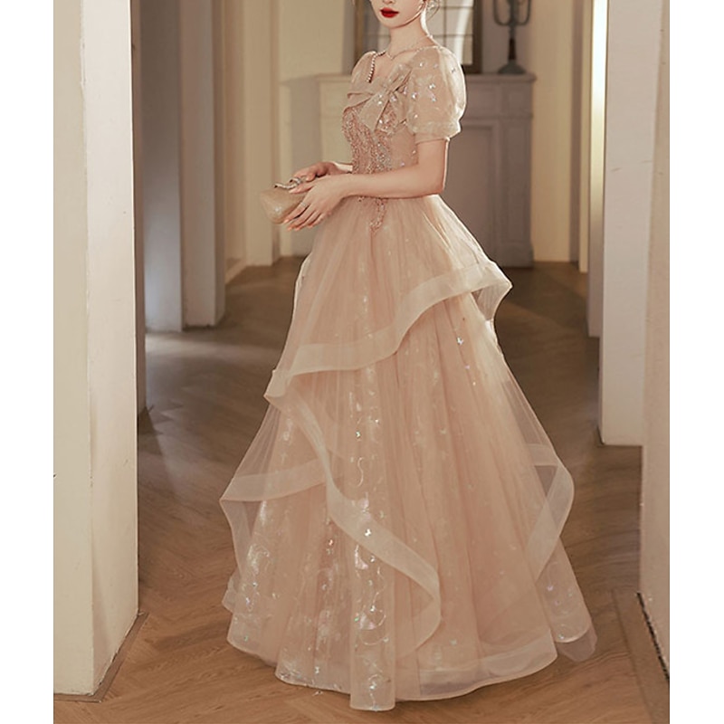 A-Line Party Dresses Elegant Dress Wedding Guest Prom Floor Length Short Sleeve Square Neck Tulle with Bow(s) Sequin  Masquerade Dress to impress2