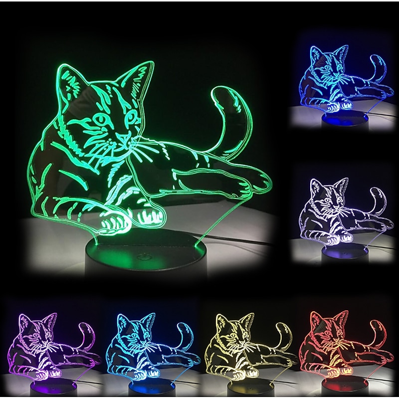 3D LED Night Light Pet Cat Illusion USB Beside Table Lamp 7 Colors Changing Touch Switch Decoration Night Lamp Birthday Present Lover Theme Toy