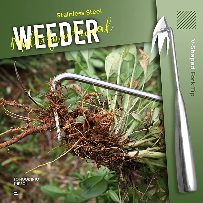 Stainless Steel Multifunctional Weeder, Hand Weeder Tool Stand Up Weed Puller Tool with Long Handle, V-Shaped Light Duty Hand Weeder for Lawn Garden Yard Farm Weed Removal2