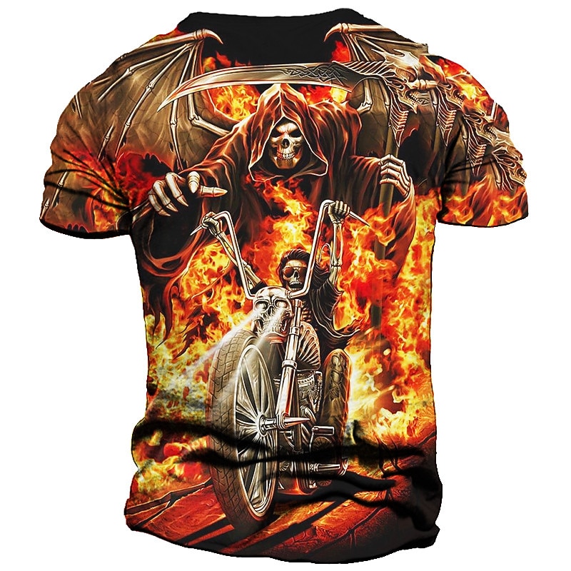 Men's Graphic Skull Flame Motorcycle T Shirt Motorcycle T Shirt Short Sleeve T shirt 3D Print Crew Neck Shirt Vintage Fashion Designer Outdoor Daily Sports Blue Orange Gray Spring & Summer Clothing