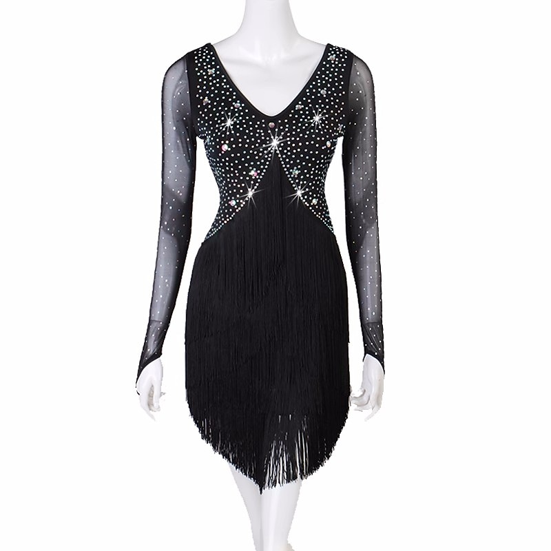Latin Dance Dress Tassel Pure Color Crystals / Rhinestones Women's Performance Party Long Sleeve Mesh Spandex