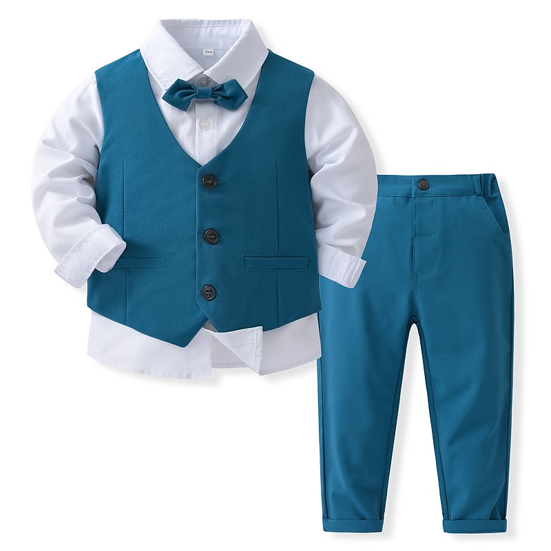 4 Pieces Ring Bearer Suit Boys Kids Suit Formal Suit Shirt & Pants Clothing Set Formal Fashion Solid Color Royal Blue Sky Blue Gray Cotton2