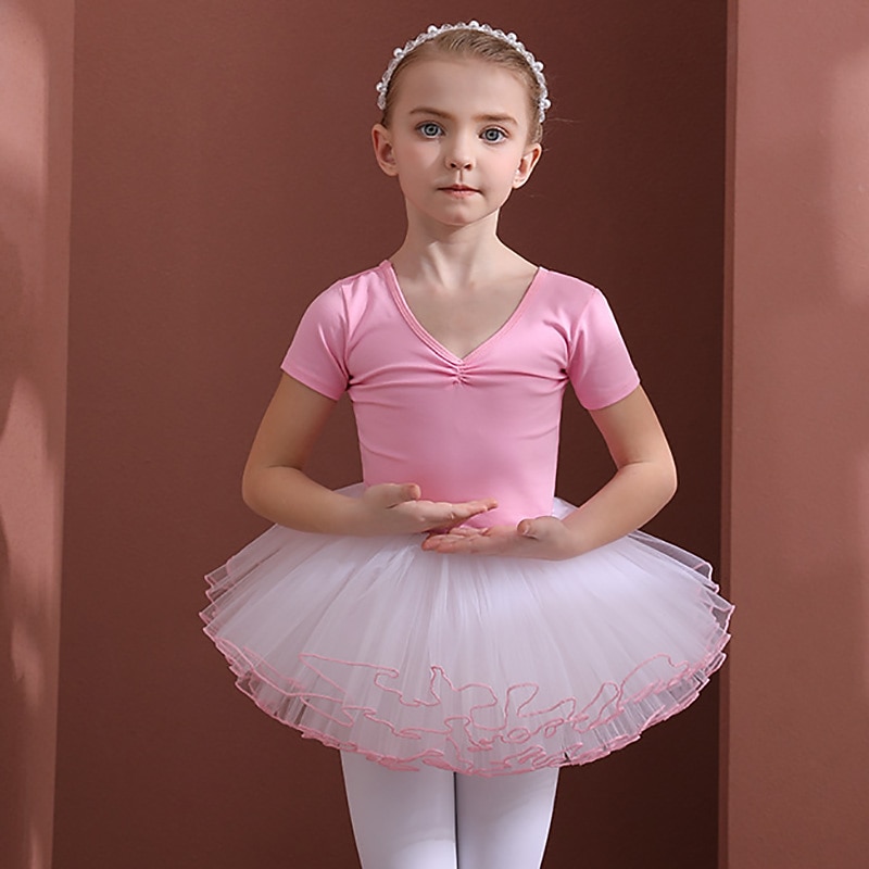 Kids' Dancewear Ballet Leotard / Onesie Bowknot Pure Color Splicing Girls' Performance Training Short Sleeve High Cotton Blend Tulle2