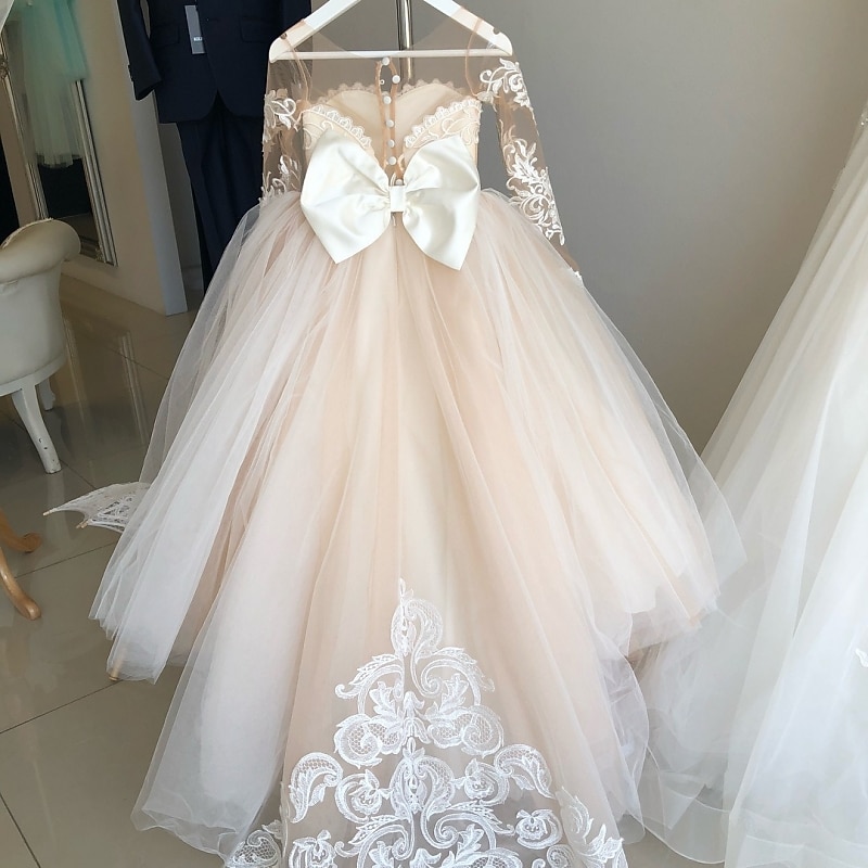 Kids Girls' Flower Girl Dress Party Dress Solid Color Long Sleeve Performance Wedding Party Mesh Princess Sweet Mesh Mid-Calf Sheath Dress Tulle Dress Summer Spring Fall 2-12 Years 4-12 Years White3