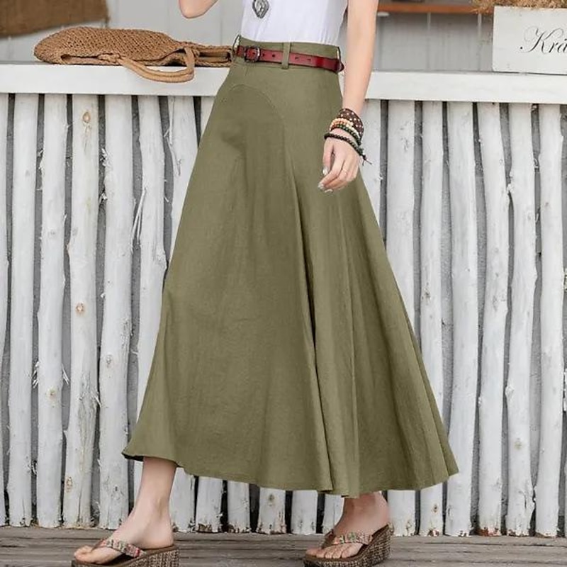 Women's Skirt Long Skirt Fashion Maxi Skirts Solid Colored Casual Daily Black khaki Army Green All Seasons Linen Cotton And Linen2