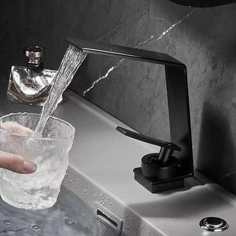 Waterfall Bathroom Sink Mixer Faucet, Basin Taps Mono Wash Basin Single Handle Washroom Tap with Hot and Cold Hose, Monobloc Vessel Water Brass Tap Deck Mounted2