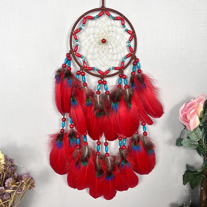 Peacock Blue Dream Catcher Handmade Gift Feather Hook Flower Wind Chime Ornament Wall Hanging Decor Art Tibetan Style, 63x15cm/24.8''x5.9''3