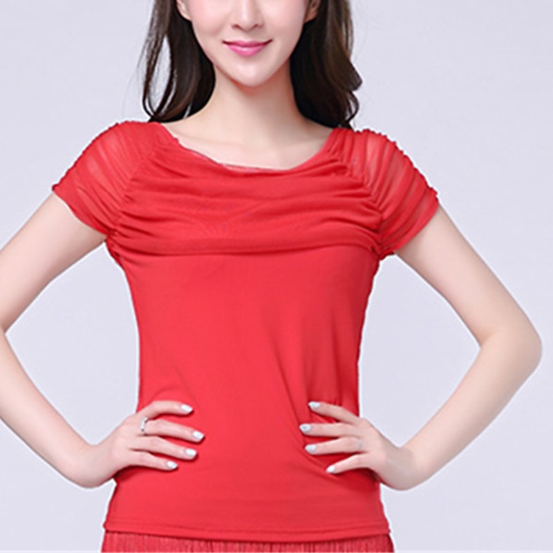 Latin Dance Ballroom Dance Activewear Top Ruffles Pure Color Splicing Women's Performance Training Short Sleeve Mesh Milk Fiber3