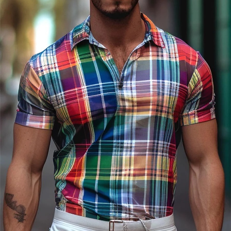 Men's Plaid Polo Shirts Golf Shirt Short Sleeve Polo Shirts Collared Shirts Casual Vacation Wear Formal Wear Festival Wear Buttons 3D Print Yellow Red Green