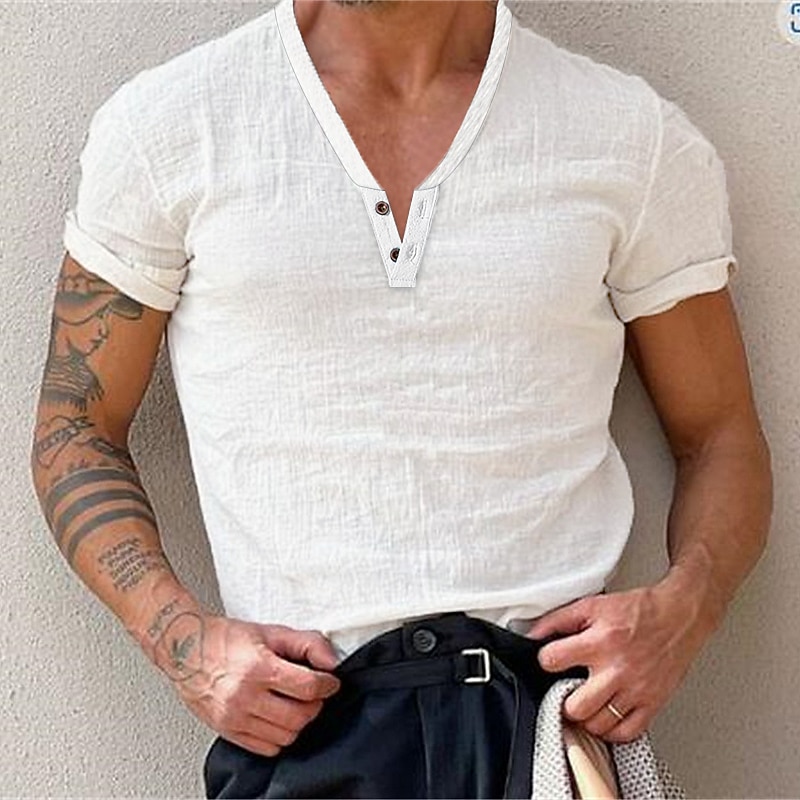 Men's T Shirt Henley Shirt Short Sleeve Plain Fashion Casual Comfortable Button-Down Henley Street Holiday Beach Spring & Summer Black White Blue Henley T-Shirt