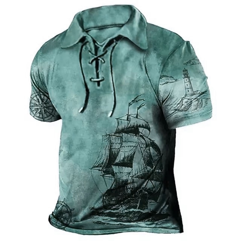 Men's Graphic Prints Vintage Boat Polo Shirt Golf Shirt Short Sleeve Shirt Turndown Outdoor Street Blue Brown Green Khaki Drawstring Print Clothing Apparel Sports Fashion Streetwear Designer3